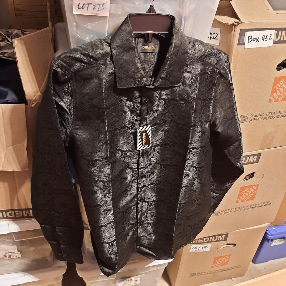 DiBanGu Men Long Sleeve Shirt Black Paisley Button Down Silk Blend Shirt Size S